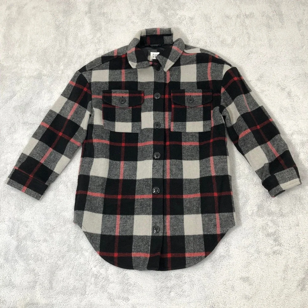 Gap Kids Plaid Wool Blend Shacket Boys Size Medium Black Red Grey Jacket Pockets
